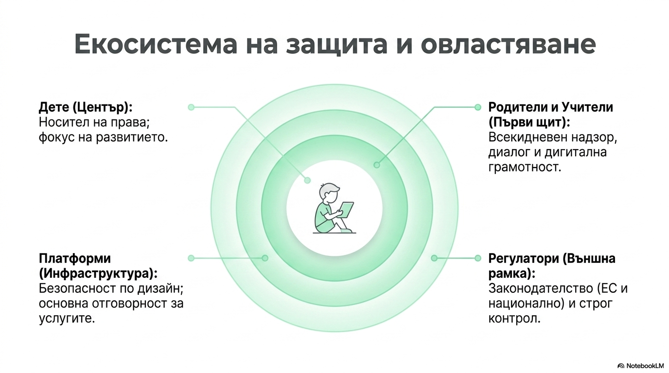 Илюстрация на разпределението на отговорностите за безопасността на децата онлайн