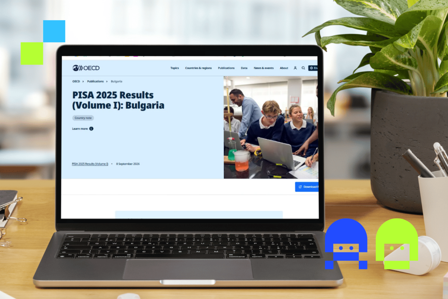 Лаптоп с отворен анализ на резултатите на България от PISA 2025 на OECD